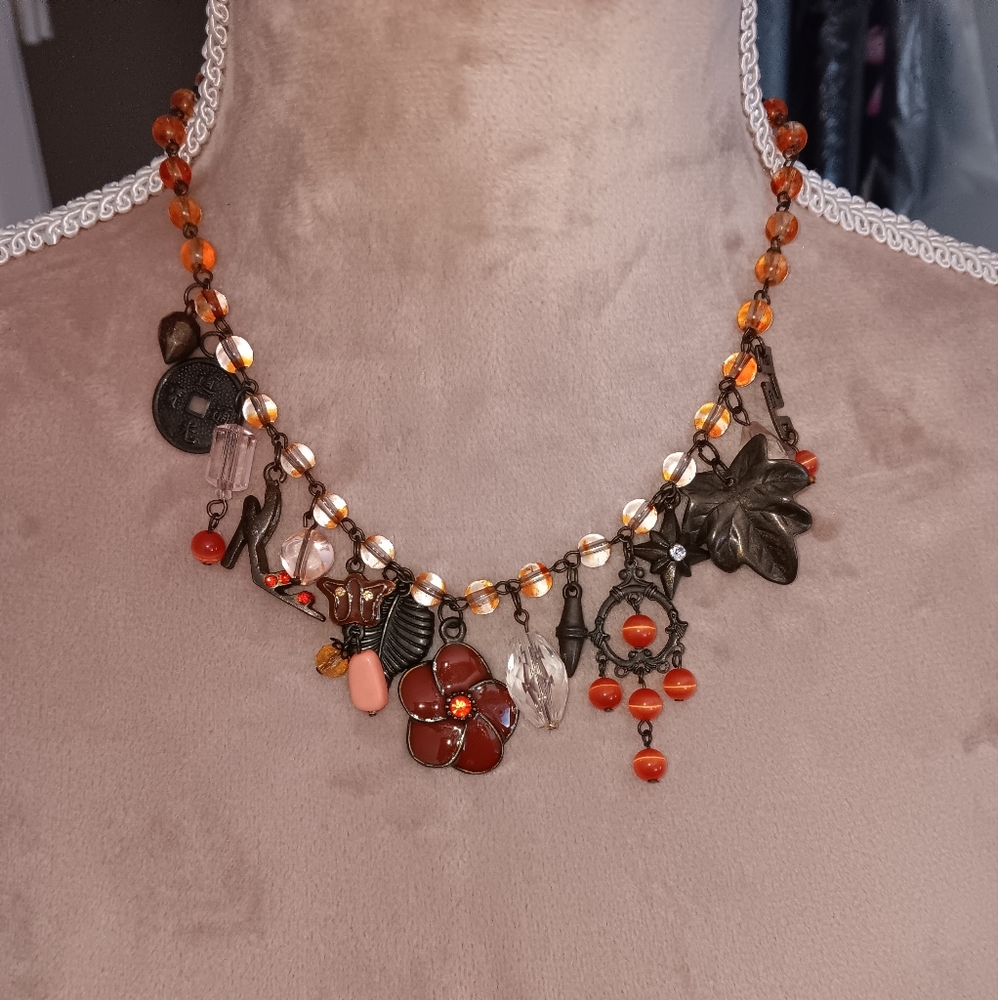 Vintage Y2K Bronze Beaded Charm Necklace • Orange Floral Statement Jewelry